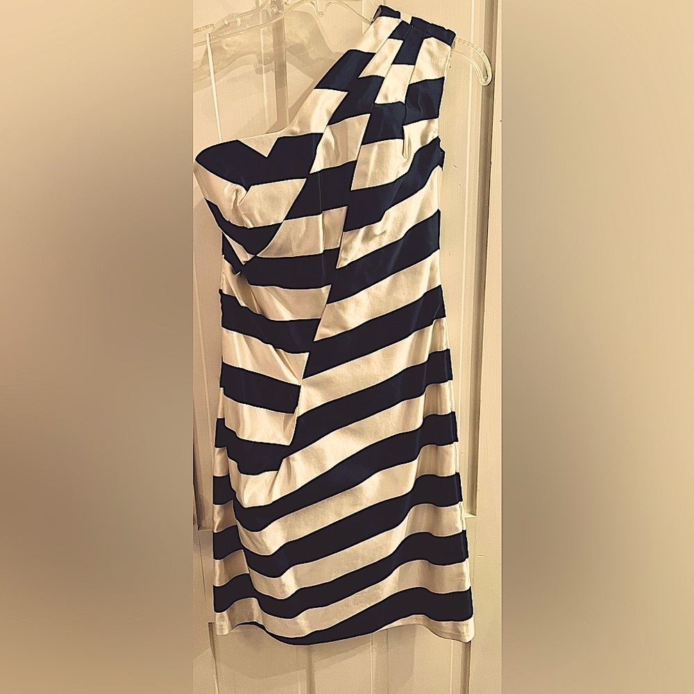 Escada one shoulder navy and cream dress size 36